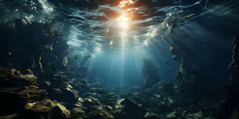 Deep and Dark Ocean with Sun Rays Reaching the Rocky Seabed. Underwater Scene - obrazy, fototapety, plakaty