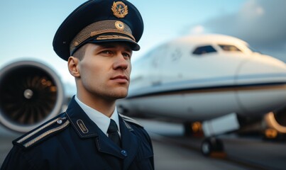 A pilot wearing uniform, standing in front of big airplane