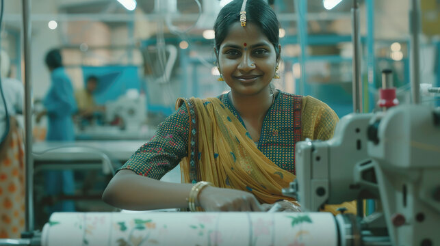Indian lady textile worker using sewing machine 
