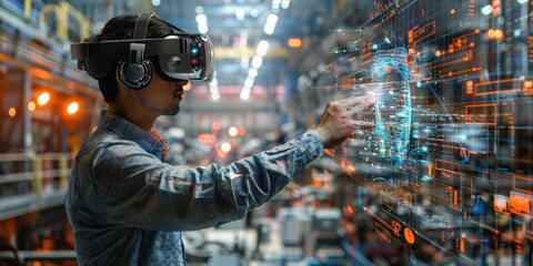 A skilled engineer with a VR headset is overseeing production in an industrial manufacturing facility.