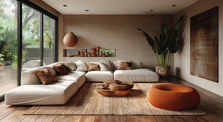 Modern living room with grey walls, white large sofa set, wooden floor and plants. Created with Ai - obrazy, fototapety, plakaty