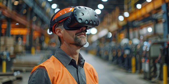 A skilled engineer with a VR headset is overseeing production in an industrial manufacturing facility.