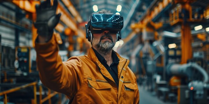 A skilled engineer with a VR headset is overseeing production in an industrial manufacturing facility.