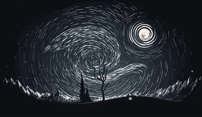 Vincent Van Gogh - Starry Night. AI Illustration, Landscape Wallpaper. 