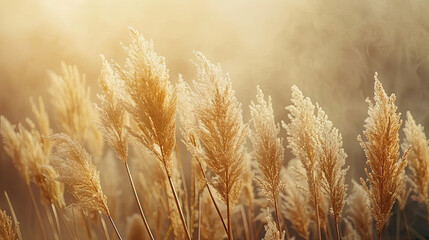 Obraz premium Sunlit wild grass shimmering in the golden hour light, casting a warm, serene glow over the tranquil field. 