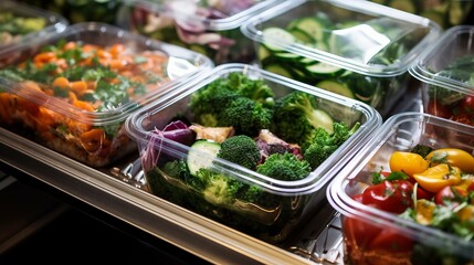 Ready-to-eat vegetable salads in plastic boxes sold in a fridge