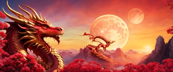 A dragon stands in a field of red flowers under the full moon, creating a mesmerizing scene in the natural landscape against the night sky