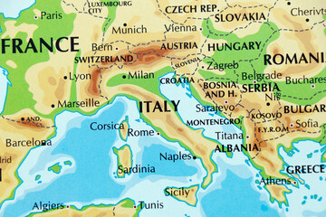 world map of europe, italy, austria, hungary, switzerland in close up
