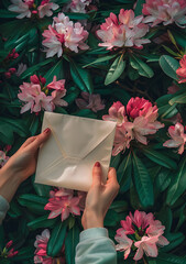 Card held by hand on beautiful floral background