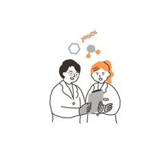 男女の研究者が話し合っている