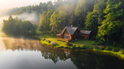 Fototapeta na wymiar Cozy wooden cabin by the shore of a forest lake with a boat.