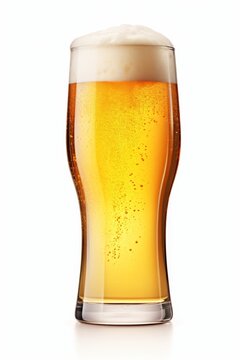 Full pint glass of beer with frothy head isolated on white background