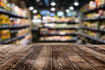 empty wooden table with blur beautiful grocery store background 