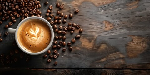 A freshly brewed espresso in a white cup surrounded by roasted coffee beans on a rustic wooden table. - obrazy, fototapety, plakaty