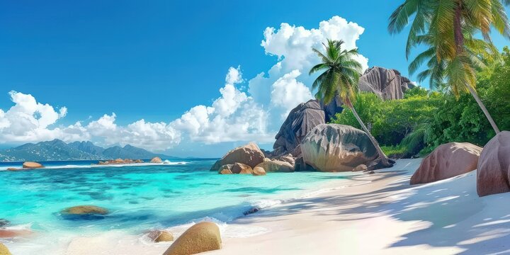 Idyllic tropical beach with white sand, clear turquoise water, granite boulders, and lush palm trees under a blue sky. © Bussakon