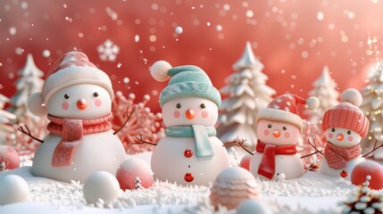 Fototapeta premium A heartwarming scene of three adorable snowmen dressed in festive winter attire, surrounded by a snowy landscape and falling snowflakes.