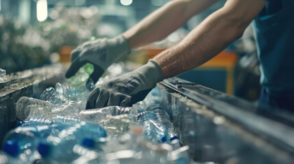 The hands of the employee in gloves are close-up. On the conveyor for recycling and sorting garbage...