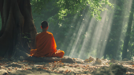Buddhist monk in meditation beside a tree in the jungle - obrazy, fototapety, plakaty
