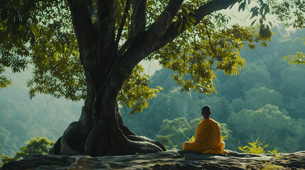 Young Buddhist monk in meditation beside a tree in the jungle