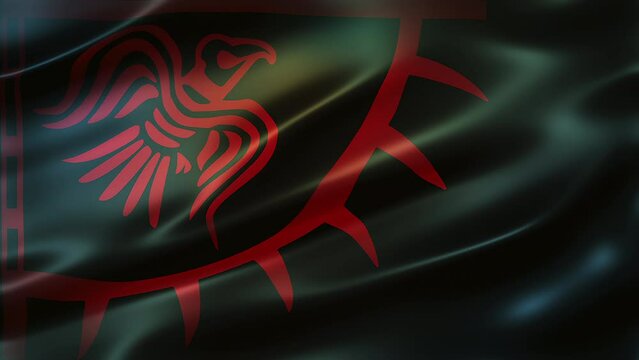 Red Raven Banner on black background, front view, full frame, glossy, elegant silky texture, waving in the wind, movie-like look, realistic 4K CG animation, slow-motion fluttering, seamless loop-able.