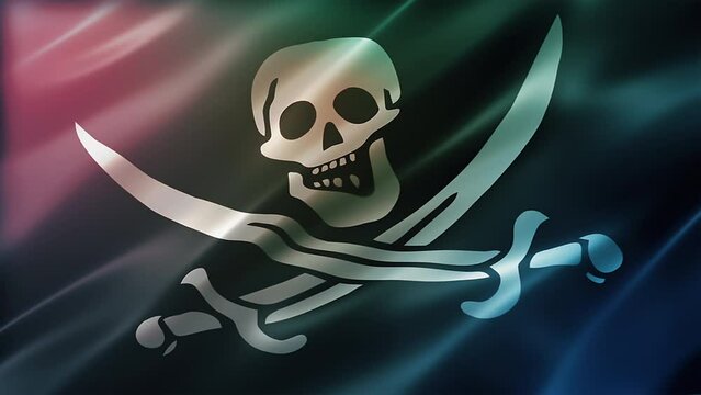 Pirate Jack Rackham Flag, perspective view, high-angle, glossy, elegant silky texture, waving in the wind, movie-like look, realistic 4K CG animation, slow-motion fluttering, seamless loop-able.