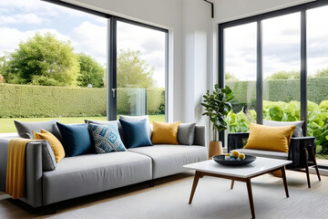 Comfortable sofa with cushions placed on light living room against large window next to garden in modern apartment - obrazy, fototapety, plakaty