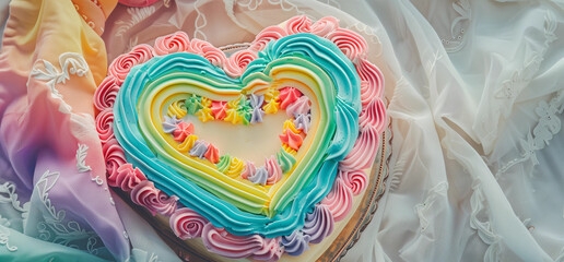 Fun love heart shaped frosting cream birthday party cake with rainbow bold colorful blue yellow pink frosted icing in pipped cream decorating pattern on a vintage tablecloth for product POD mockup  
