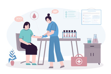 Woman nurse or laboratory staff takes blood test from female patient in hospital. Concept of medicine and healthcare. Interior design of medical office