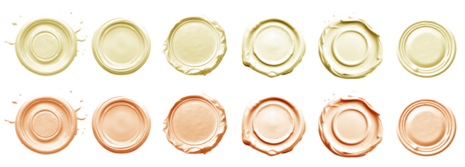 2 Collection set of pastel light yellow orange, wax seal stamp blob ink paint on transparent background cutout, PNG file. Many different design. Mockup template artwork graphic