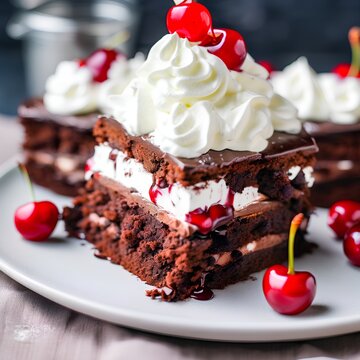 A closeup of a slice of chocolate cake with whipped cream and cherries on top, stock image 