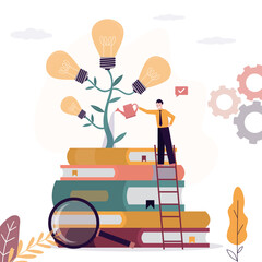 Businessman watering light bulb tree on books. Learning, new knowledge to create innovations, development