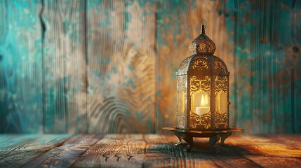 Ramadan concept. Close-up date in foreground. Ramadan Lantern on wooden table. Textured wall background. Space for text on the right - Eid Ul Fitr - generative ai - obrazy, fototapety, plakaty