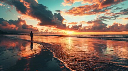 A solitary figure stands on a vast beach at sunset. The sky is dramatic with a vibrant blend of orange, gold, and blue hues reflected on the wet sand. Fluffy, illuminated clouds are scattered across t