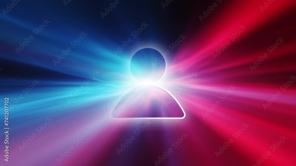 Poster loop glowing people icon rotation on shining blue red light rays animation background.
