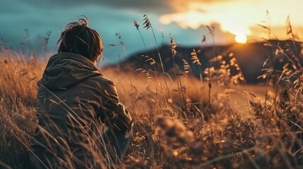 A person is seen from behind, sitting amidst tall grass that has been illuminated by the warm, golden tones of a sunset. The grass is slightly swaying, suggesting a gentle breeze. The person is dresse - Powered by Adobe