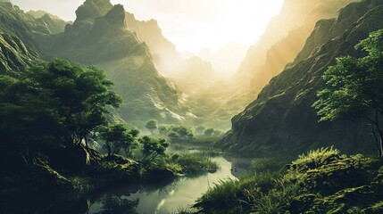 A serene landscape shows a river winding through a valley surrounded by steep, lush green mountains. Sunlight pierces through the mist, illuminating the valley in a soft, golden light. Vibrant green t