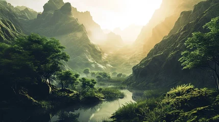 Fotobehang A serene landscape shows a river winding through a valley surrounded by steep, lush green mountains. Sunlight pierces through the mist, illuminating the valley in a soft, golden light. Vibrant green t © Jesse