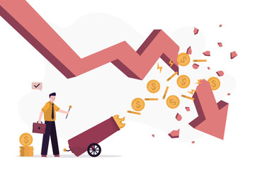 Fototapeta na wymiar Businessman shoots money from a cannon and and breaks falling graph. Overcoming financial and economic crisis. Arrow stock chart.