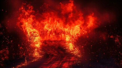 The image shows a fierce and intense wildfire consuming a forest area at night. Bright red and orange flames dominate the scene, with a high fire line that suggests a strong, rapidly spreading fire. T