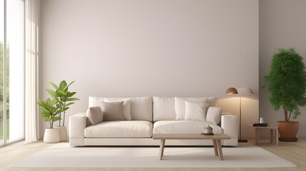 Sofa in a beige minimalist living room with decor on a large wall white window landscape Nordic home interior in Generative AI                                                                          