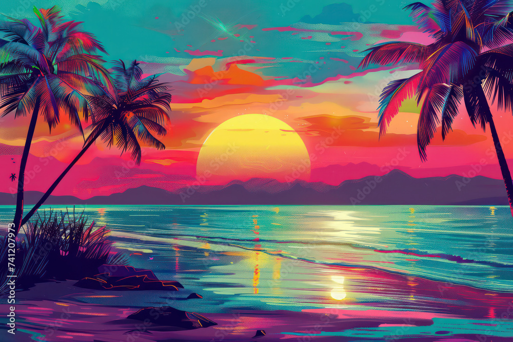 Wall mural retro tropical beach with pop art abstract background. generative ai.