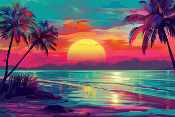 Retro tropical beach with pop art abstract background. Generative ai.