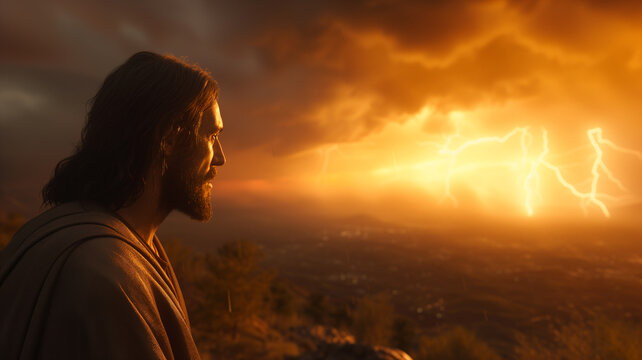 Man Contemplating Sunset with Dramatic Lightning