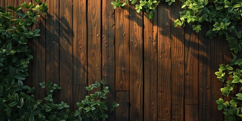 Wooden Wall with Plants growing onto it in the Style of Textured Backgrounds - Nature Bent Wood Jagged Edges - Vibrant Lively Scattered Wood Composition Wallpaper created with Generative AI Technology