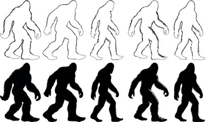 Bigfoot silhouette mythical creature, vector illustration. Black and white silhouettes, bigfoot walking pose. Perfect for cryptology, mystery, folklore content