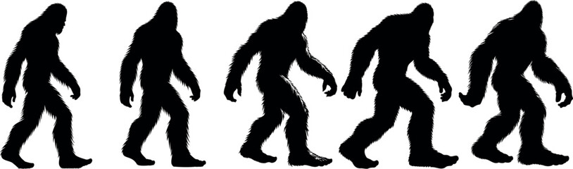 Bigfoot, mythical creature, silhouette sequence. Five black silhouettes of Bigfoot in various walking positions on a white background. Ideal for mysterious, folklore, and cryptid designs