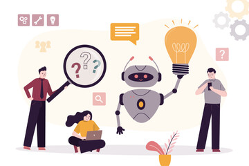 Robot giving glowing light bulb for business people, develop innovative business idea or strategy. Robotic artificial intelligence brainstorming. Innovation and science.