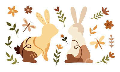 Boho Easter bunny clipart. Happy Easter clip art in flat style, perfect for scrapbooking, stickers, tags, greeting cards, party invitations, decor. Hand drawn vector illustration.