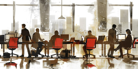 Graphic Illustration Of An Office With Workers And Computers For Wallpaper Created Using Artificial Intelligence - obrazy, fototapety, plakaty