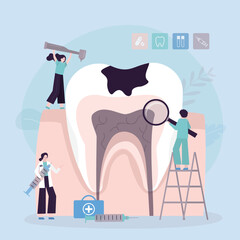 Group of dentists examine and treat diseased tooth. Dental treatment by dentist. Tooth cavity. Teeth decay. Dental, medical care.